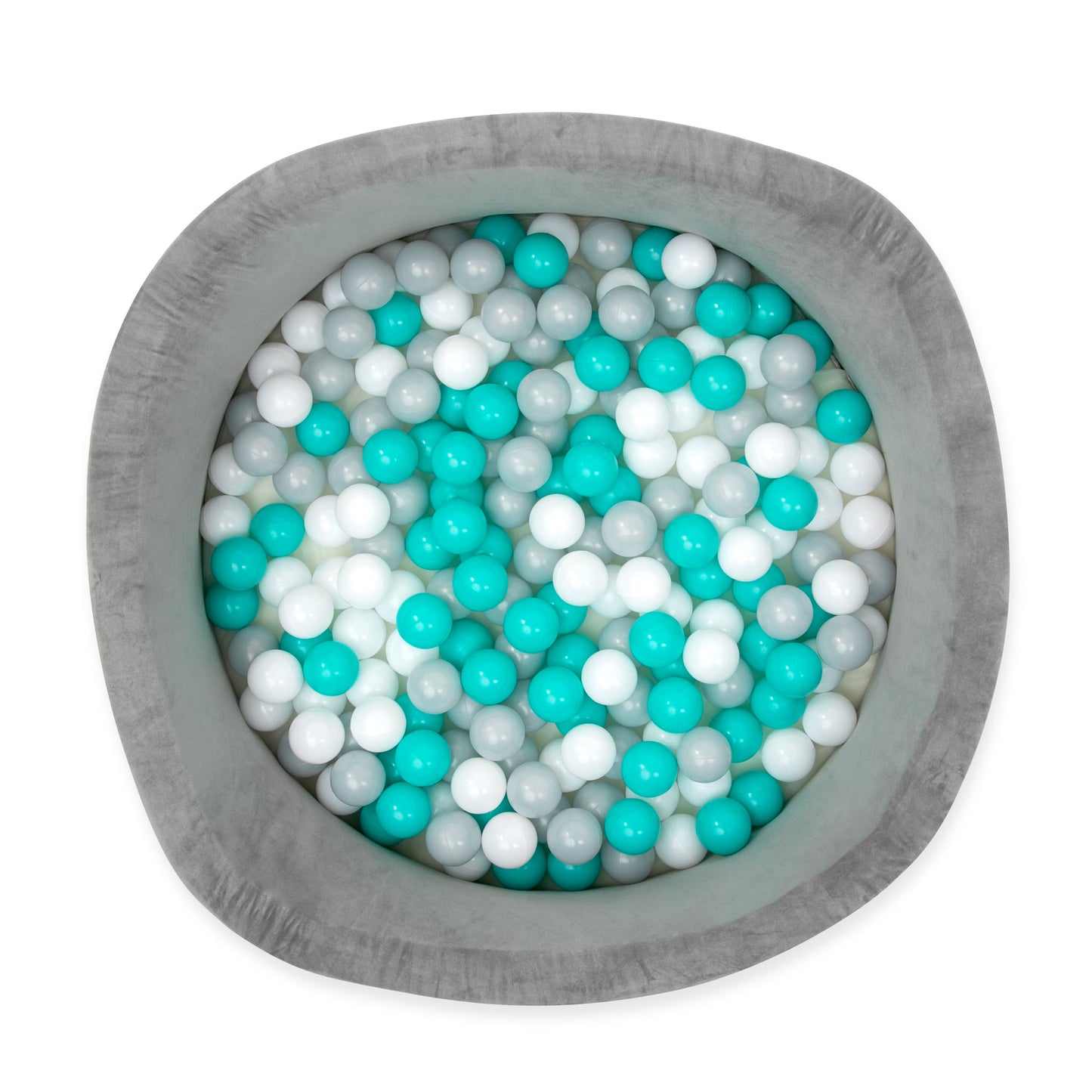 Luxurious Grey Velvet Ball Pit with 200 Aqua, White, & Grey Balls for Endless Fun