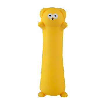 Yellow plush toy with a face on a white background