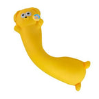 Yellow plush toy with googly eyes on a white background