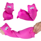 Pink cat-shaped stress reliever toy being stretched by a hand on a white background