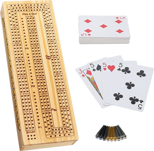 3 Player Wooden Cribbage Set - Easy Grip Pegs and 2 Decks of Cards inside of Board - Natural Wood