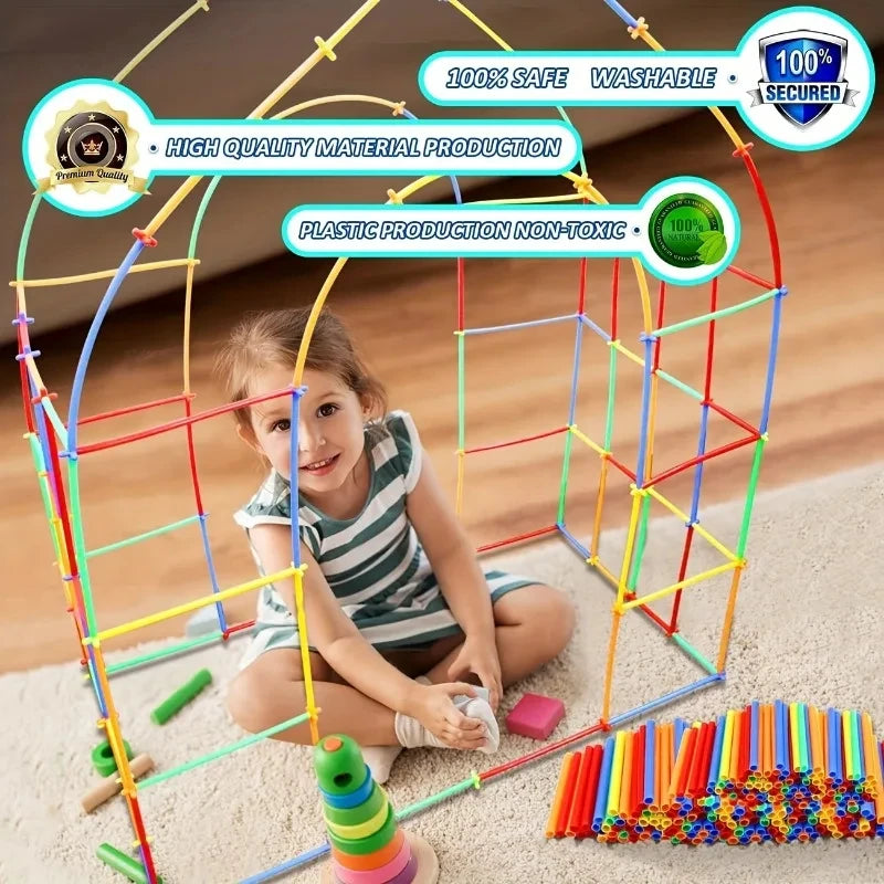 100Pcs Creative Straw STEM Building Toys - Interlocking Plastic Tube Blocks for Fun Educational Play for Kids