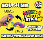 Promotional image of a Squishy Butter Stick with text on a yellow background, featuring the Fun Doh brand.