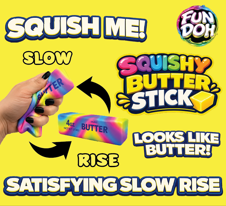 Promotional image of a Squishy Butter Stick with text on a yellow background, featuring the Fun Doh brand.