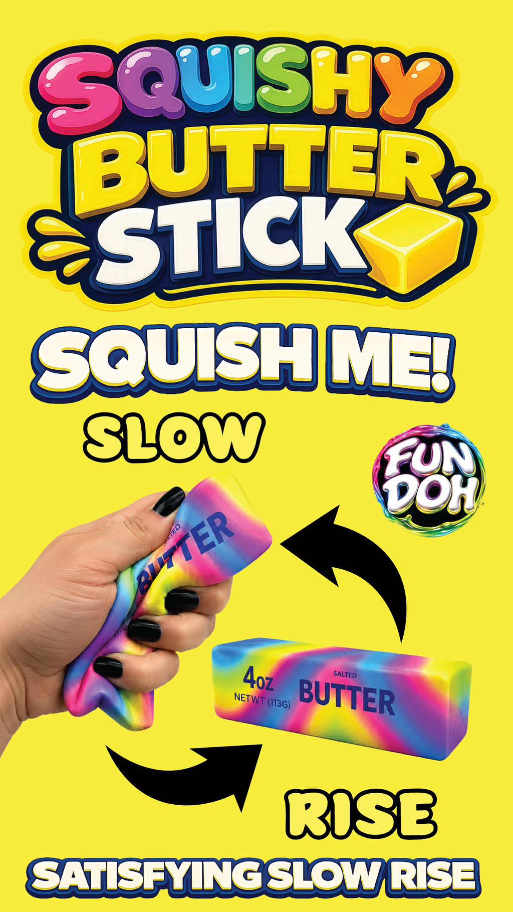 Squishy Butter Stick packaging with a hand holding it, on a yellow background.