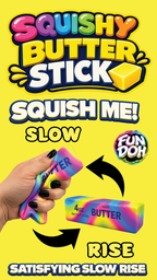 Squishy Butter Stick packaging with a hand holding it, on a yellow background.