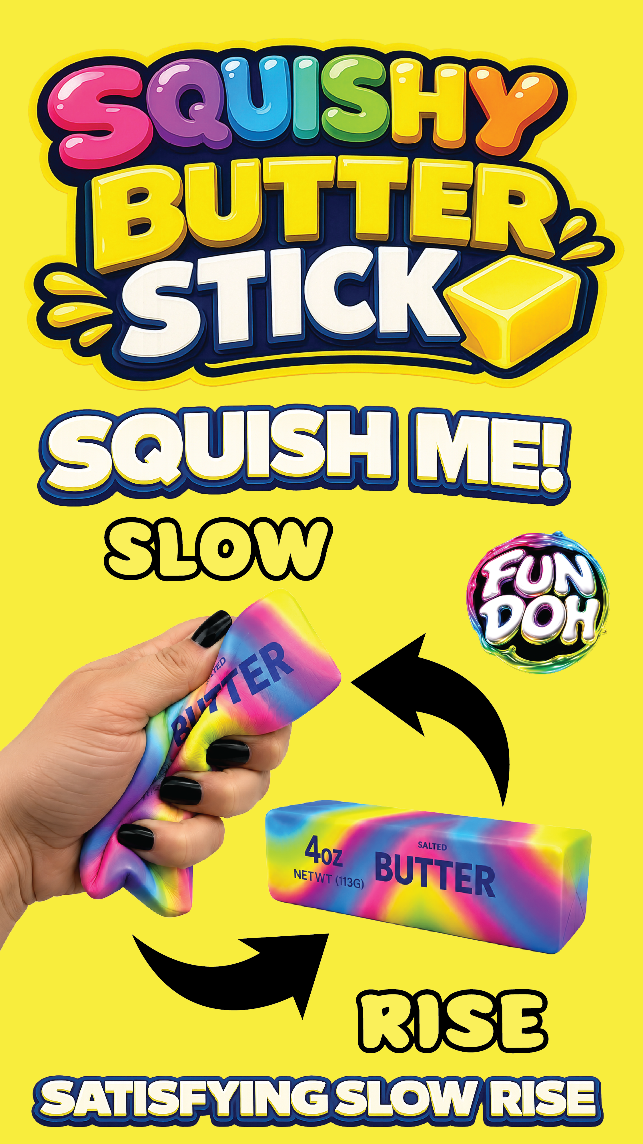Squishy Butter Stick packaging with a hand holding it, on a yellow background.