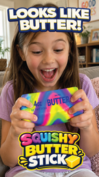 Child holding a colorful squishy butter stick with text overlay in a living room setting.