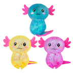 Three colorful axolotl sugar squish toys on a white background