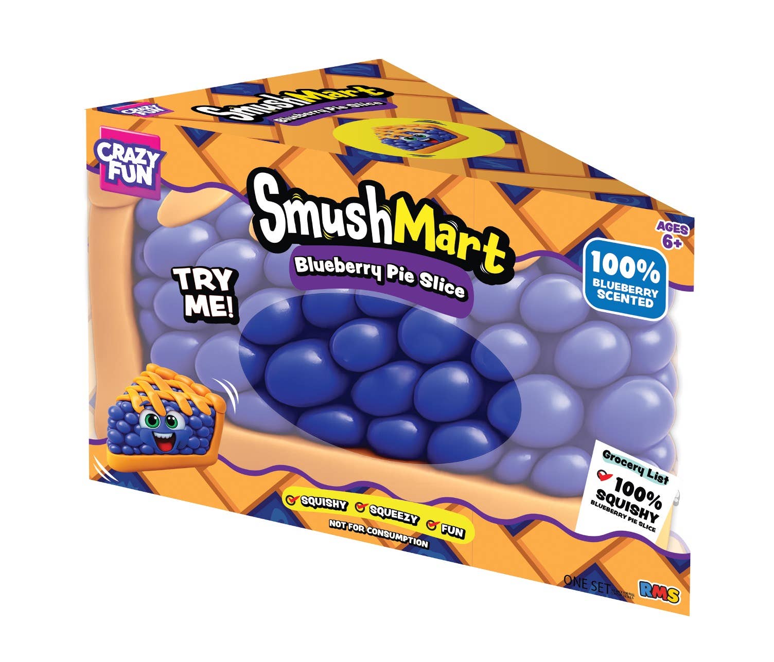 SmushMart Blueberry Pie Slice toy packaging, showing a purple-blue ball-like pie slice product through a clear window on an orange and purple box with cartoon-style graphics.