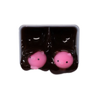 Two pink spherical objects in a clear plastic container on a white background