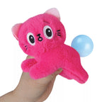 Pink plush cat toy with a blue ball on a white background