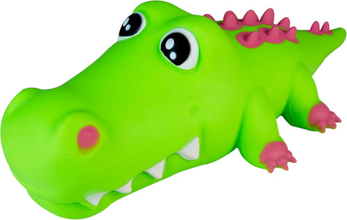 A bright green alligator toy with pink spikes along its back, pink feet and nose, and large cartoon eyes, isolated on a white background.