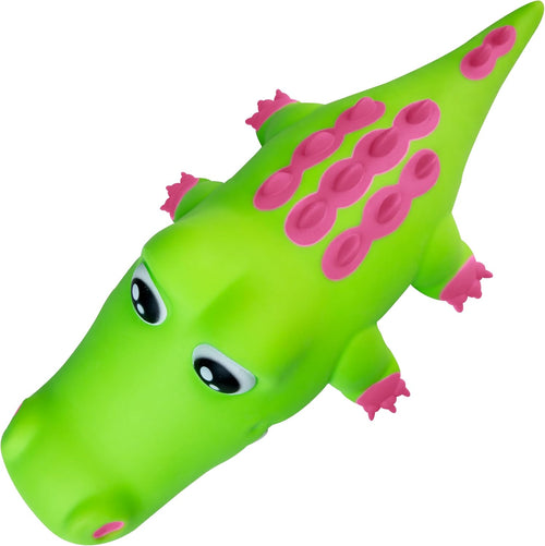 Green and pink alligator toy on a white background
