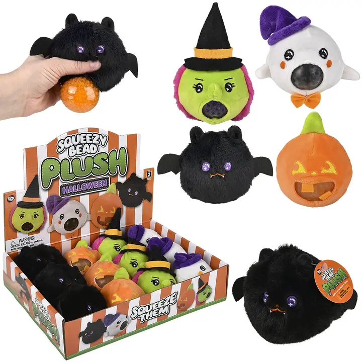 Squeezy Bead Plush Halloween — display box with all 4 characters: bat, ghost, witch, pumpkin