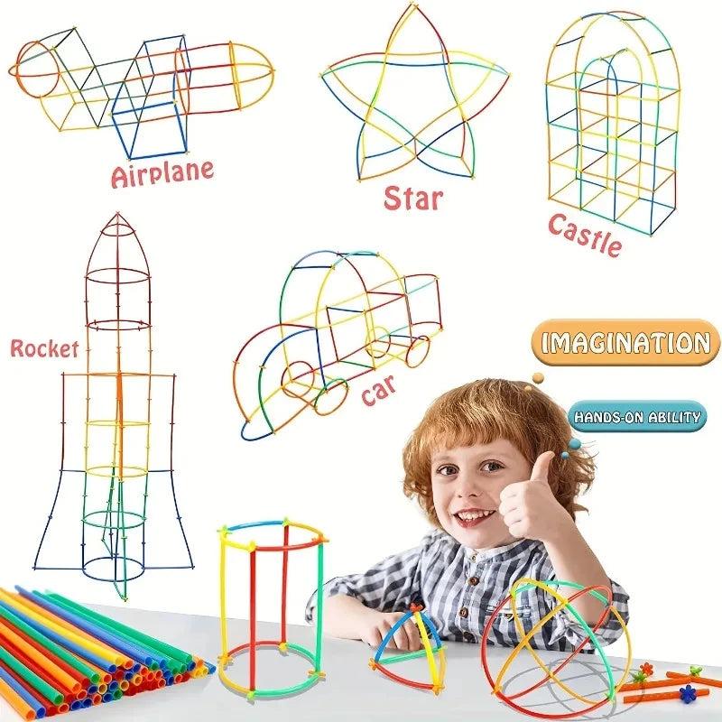 100Pcs Creative Straw STEM Building Toys - Interlocking Plastic Tube Blocks for Fun Educational Play for Kids