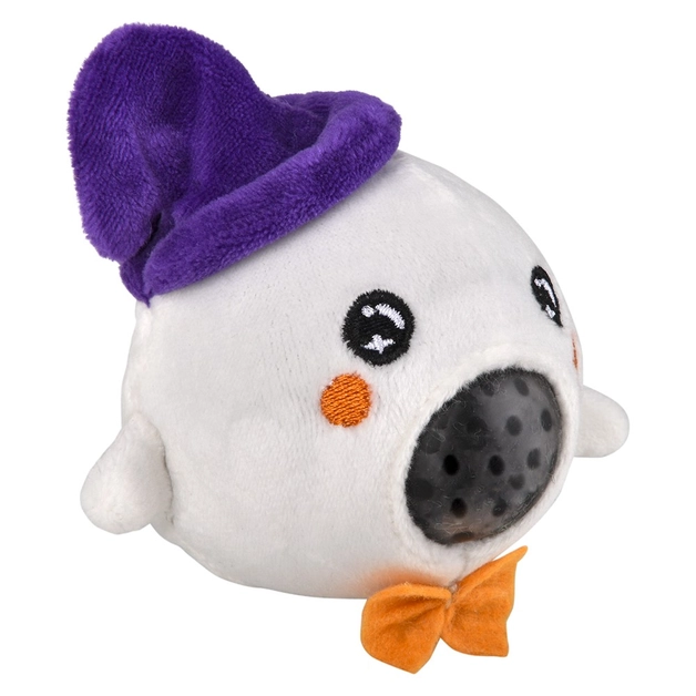Squeezy Bead Plush Halloween — white ghost with purple witch hat and orange bow tie