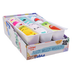 Box of colorful plush toys labeled 'Fuzzy Wuzzy Wigglers' on a white background