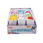 Box of colorful fuzzy wiggly toys with various animal designs on a white background.