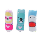 Three cartoon-themed socks with colorful designs on a white background