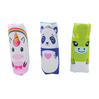 Three colorful socks with cartoon designs on a white background