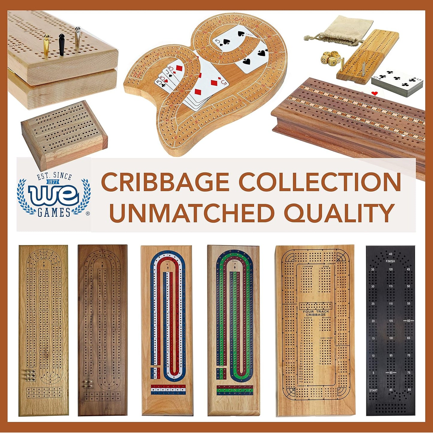 3 Player Wooden Cribbage Set - Easy Grip Pegs and 2 Decks of Cards inside of Board - Natural Wood