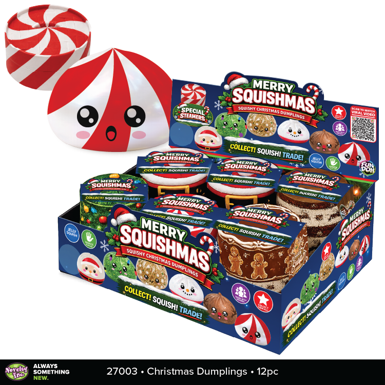 A retail display box filled with small round containers of Merry Squishmas Christmas Dumplings, plus two large candy-themed squishy balls shown above on a white background. The packaging prominently reads Merry Squishmas and Christmas Dumplings, with holiday illustrations and product photos of the contents.
