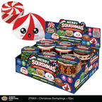 A retail display box filled with small round containers of Merry Squishmas Christmas Dumplings, plus two large candy-themed squishy balls shown above on a white background. The packaging prominently reads Merry Squishmas and Christmas Dumplings, with holiday illustrations and product photos of the contents.
