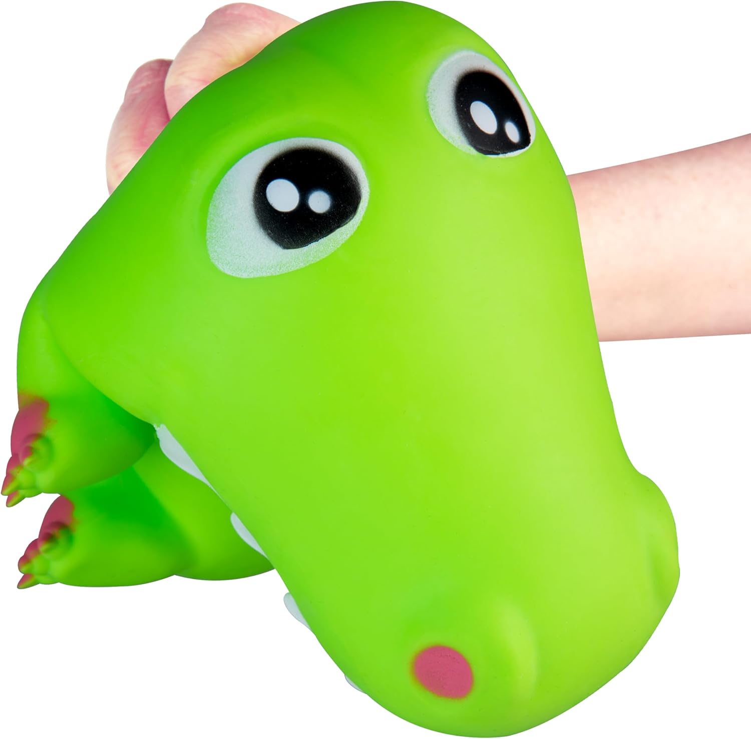 A bright green dinosaur head squishy toy being held by a person's hand against a plain white background.