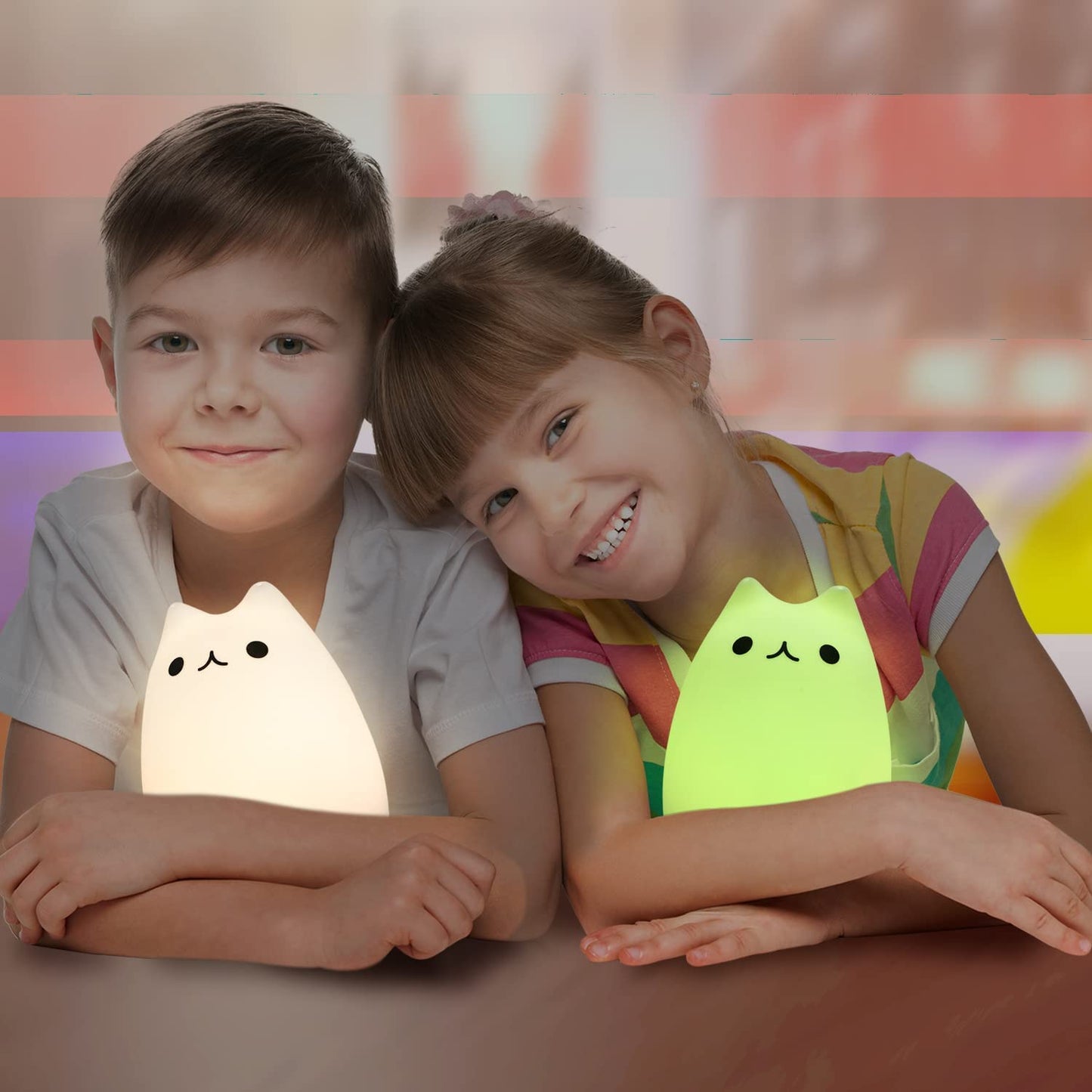 Adorable Cat Lamp Set - Rechargeable Remote Control Silicone Night Light for Kids & Toddlers - 4 Cute Kawaii Designs in White