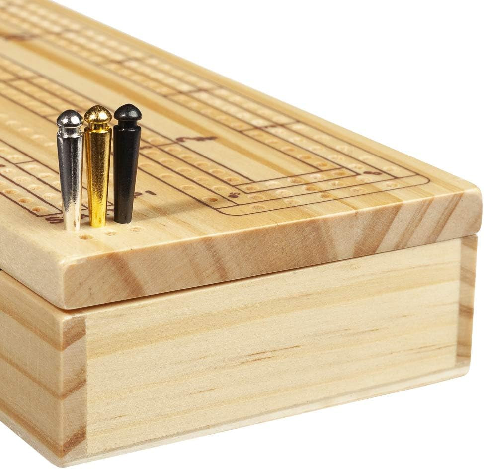 3 Player Wooden Cribbage Set - Easy Grip Pegs and 2 Decks of Cards inside of Board - Natural Wood