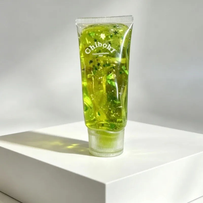 Green gel tube with Chiboki branding on a white surface and light gray background
