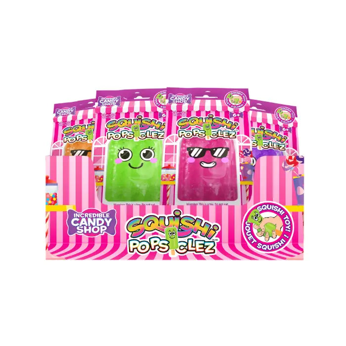 Packaging of Squish Pops Clez toys with pink and white striped design on a white background