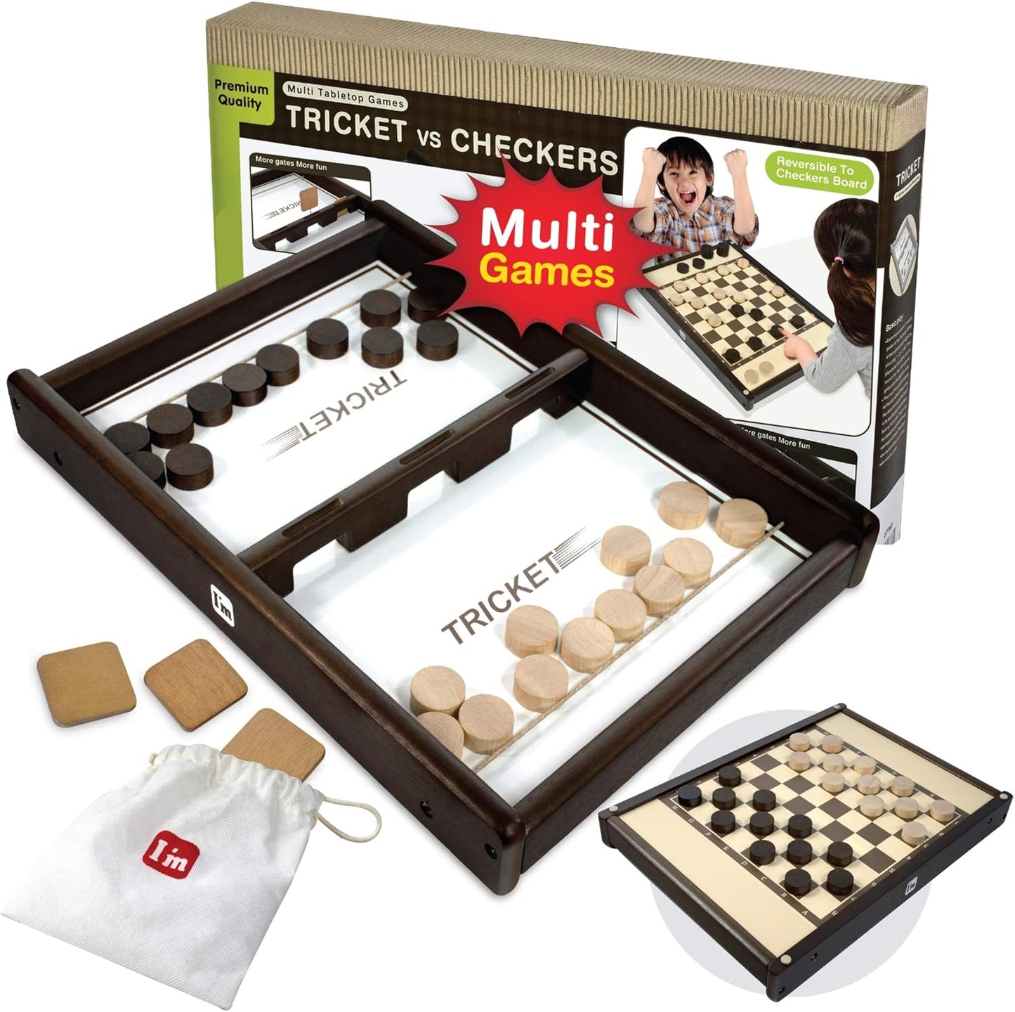 Tricket VS Checkers: Exciting Wooden Multi-Game Tabletop Set for Family Fun and Kids!