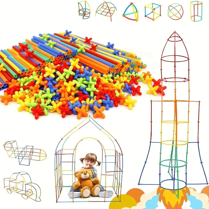 100Pcs Creative Straw STEM Building Toys - Interlocking Plastic Tube Blocks for Fun Educational Play for Kids