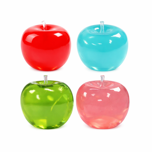 Four colorful apple-shaped squishies on a white background