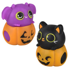 Squeezy Bead Jack-O-Lantern Bat and Cat — side view of both Halloween squishy toys