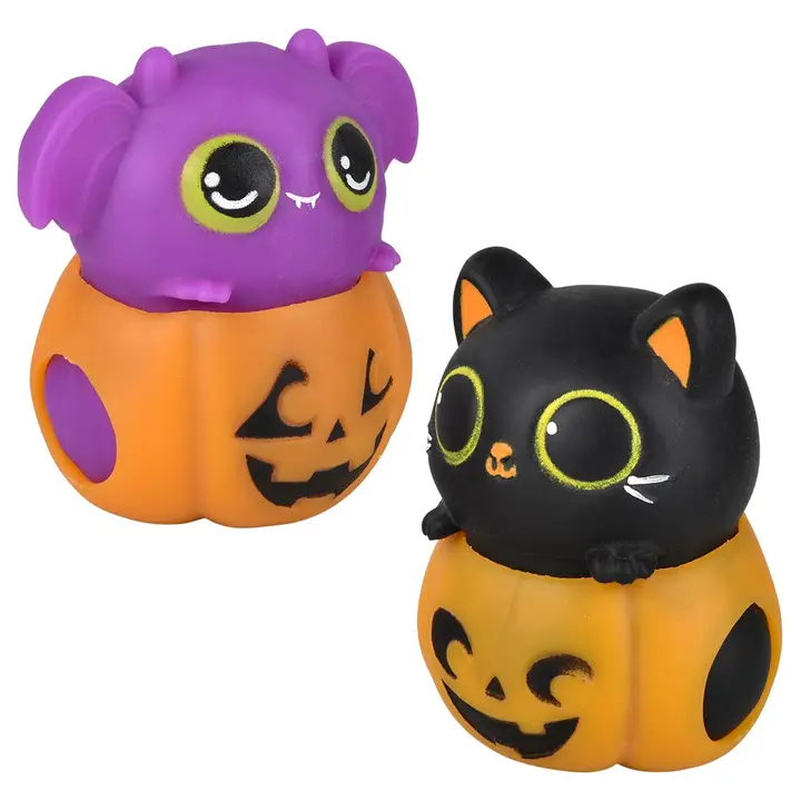 Squeezy Bead Jack-O-Lantern Bat and Cat — side view of both Halloween squishy toys