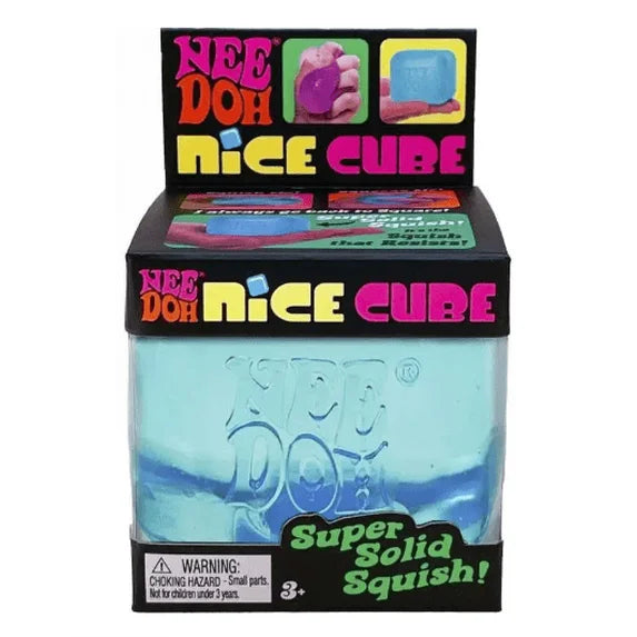 Nee Doh Nice Cube packaging with blue cube inside on a white background
