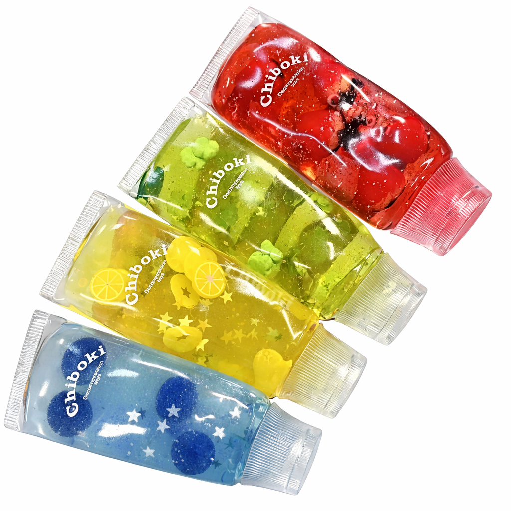 Four Chiboki product tubes in red, green, yellow, and blue on a white background