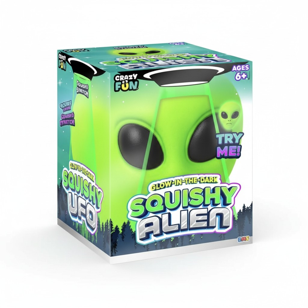 Crazy Fun Glow-in-the-Dark Squishy Alien in retail box — green alien character with big black eyes, ages 6+, white background