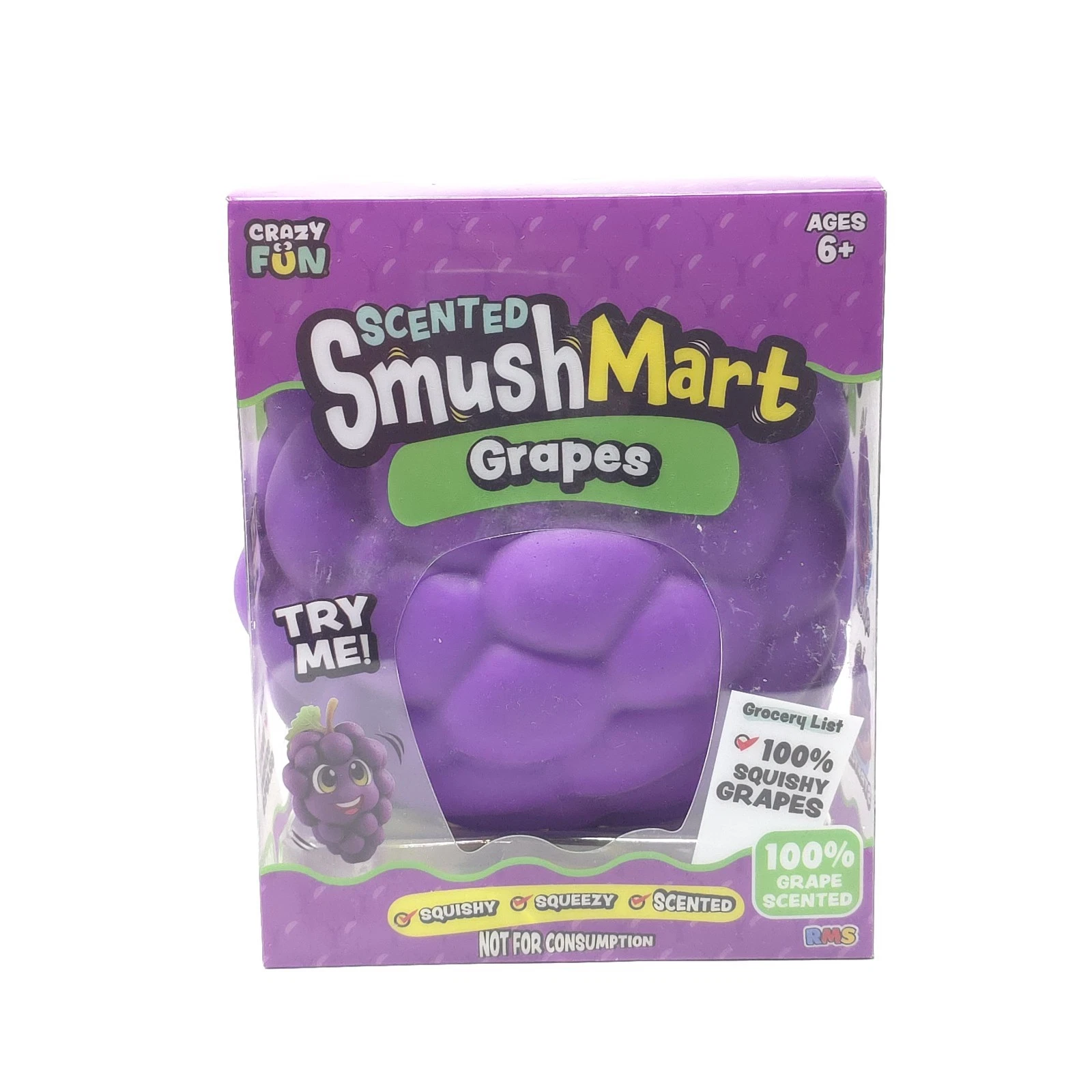 Purple 'Smush Mart' toy with grapes on a white background