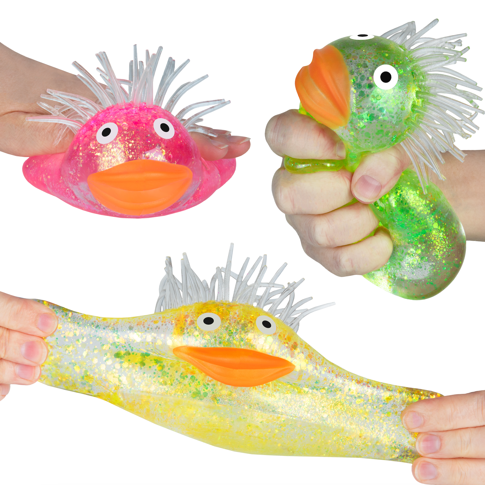 Three colorful fish-shaped stress relievers held by hands on a white background