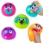 Colorful animal smushers with removable face designs held by hands on a white background