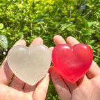 Two heart-shaped objects, one clear and one red, held in hands with a green leafy background.