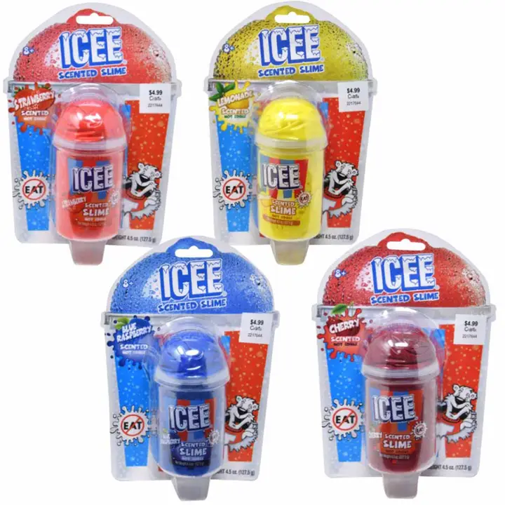 Four packages of ICEE scented slime in red, yellow, blue, and red packaging on a white background.