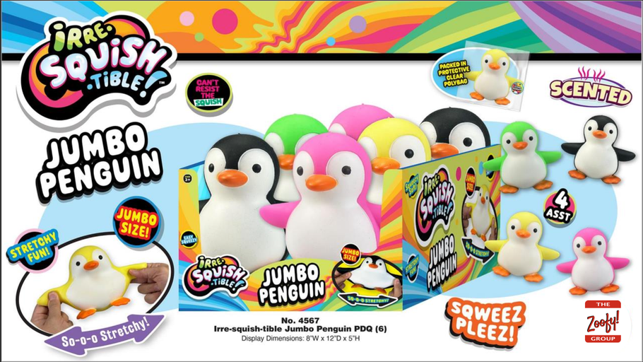 Irre-squish-able Jumbo Penguin packaging with colorful design and penguin illustrations.