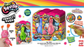 Squishy toys with packaging and colorful design elements on a white background