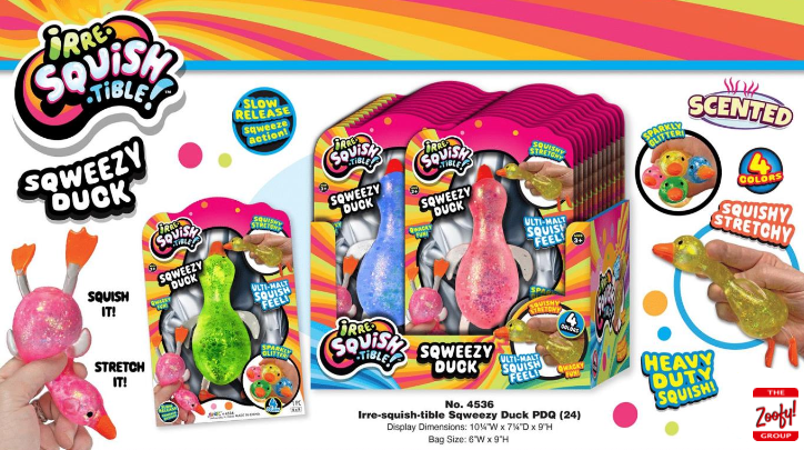 Squishy toys with packaging and colorful design elements on a white background