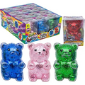 Four colorful glittery air bear toys in red, blue, pink, and green with their packaging.